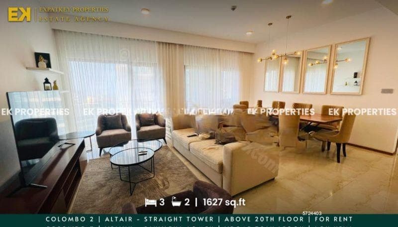 3 Bedrooms | Altair | For Rent | Straight Tower | Fully Furnished | 1627 sq.ft | Colombo 2 | EK-0743