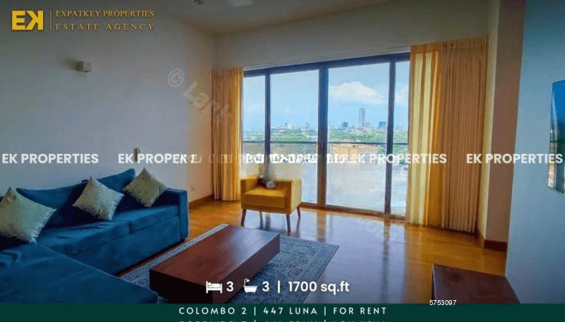 3 Bedroom Apartment | 447 Luna | For Rent | Colombo 2 | 1700 sq.ft | Furnished | EK-0477