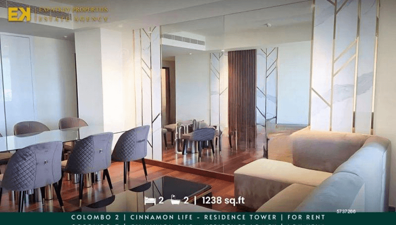 2 Bedrooms at Cinnamon Life Residence Tower For Rent | Furnished | 1238 sq.ft | Colombo 2 | EK-1204