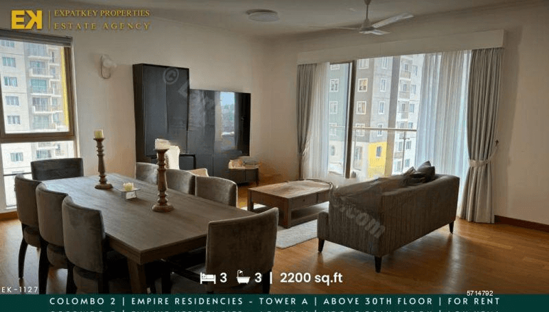 Empire Residencies | 3 Bedrooms | For Rent | Tower A | Colombo 2 | Above 30th Floor | EK-1127