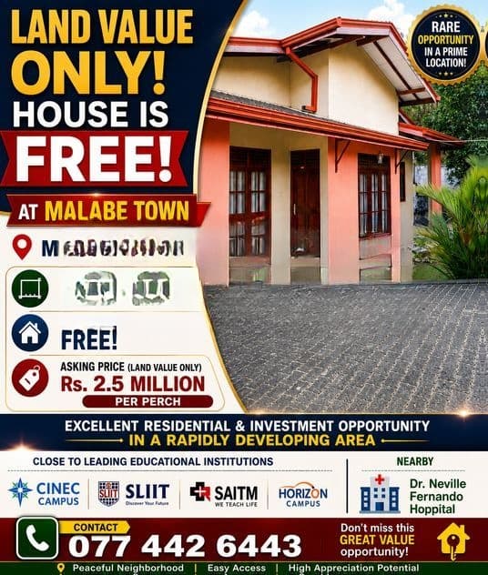 Beautiful House at Land Value Walking Distance to Malabe Town