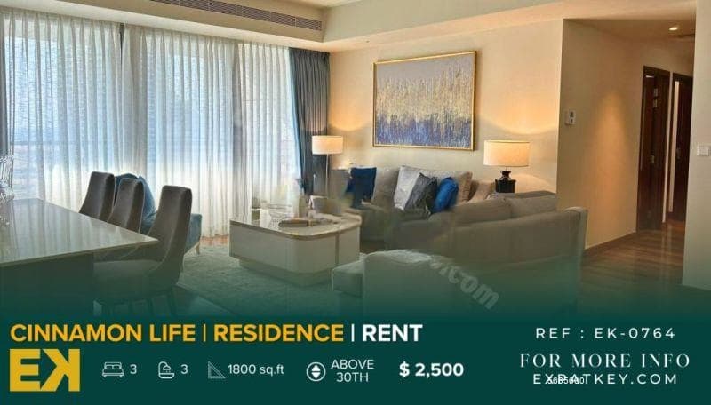 Cinnamon Life | 3BR | FOR RENT | Residence Tower | $2,500 | 1800 SQ.FT | Colombo 02 | EK-0764