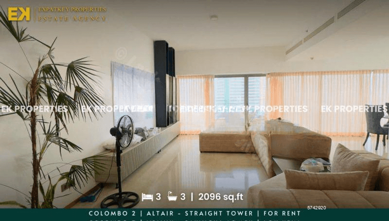 3 Bedrooms | Altair | For Rent | 2096 sq.ft | Above 15th Floor | Fully Furnished | Colombo 2 | EK-1146