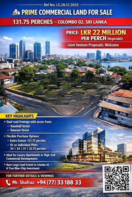 Prime 131.75 Perch Land for sale at Colombo 2